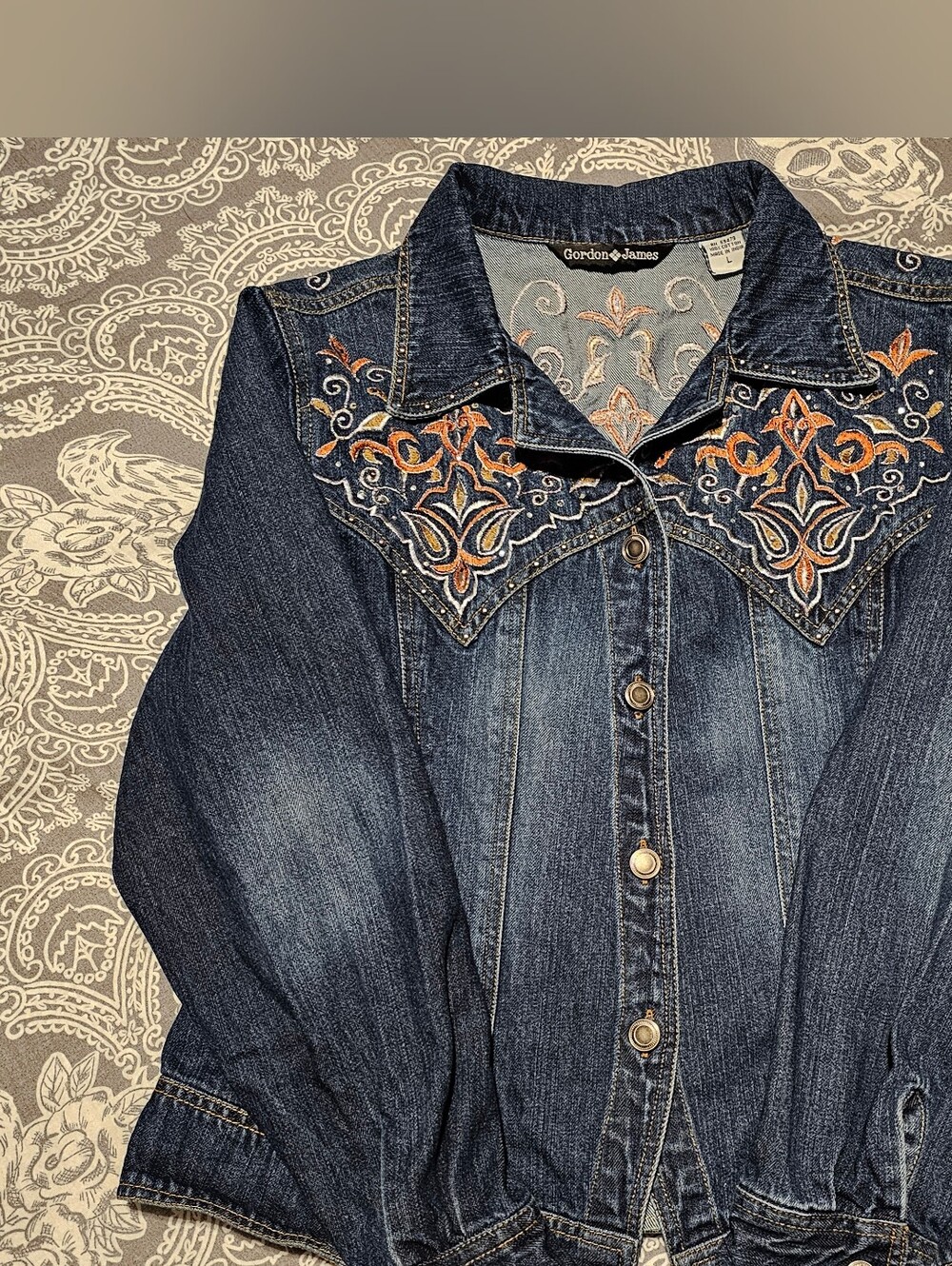 Gordon & James Embroidered Dark Denim Jacket - Blue with Orange Accents